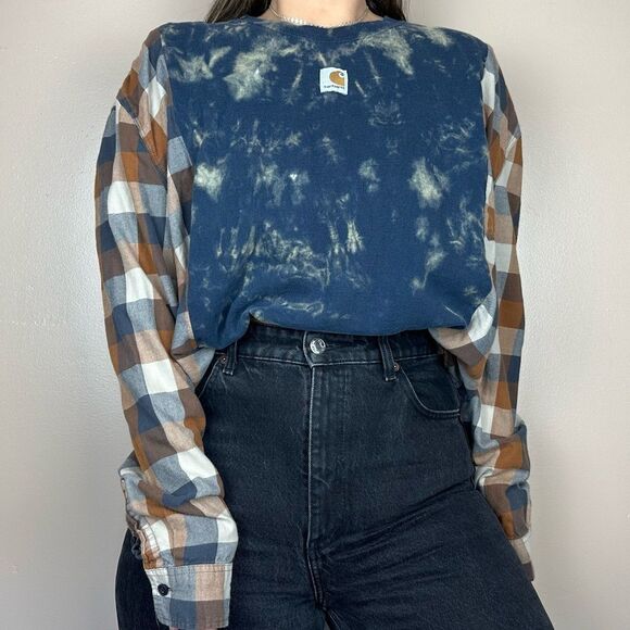 Reworked Carhartt Upcycled Tie Dye Blue Long Sleeve Plaid Flannel Relaxed Shirt - Picture 3 of 4